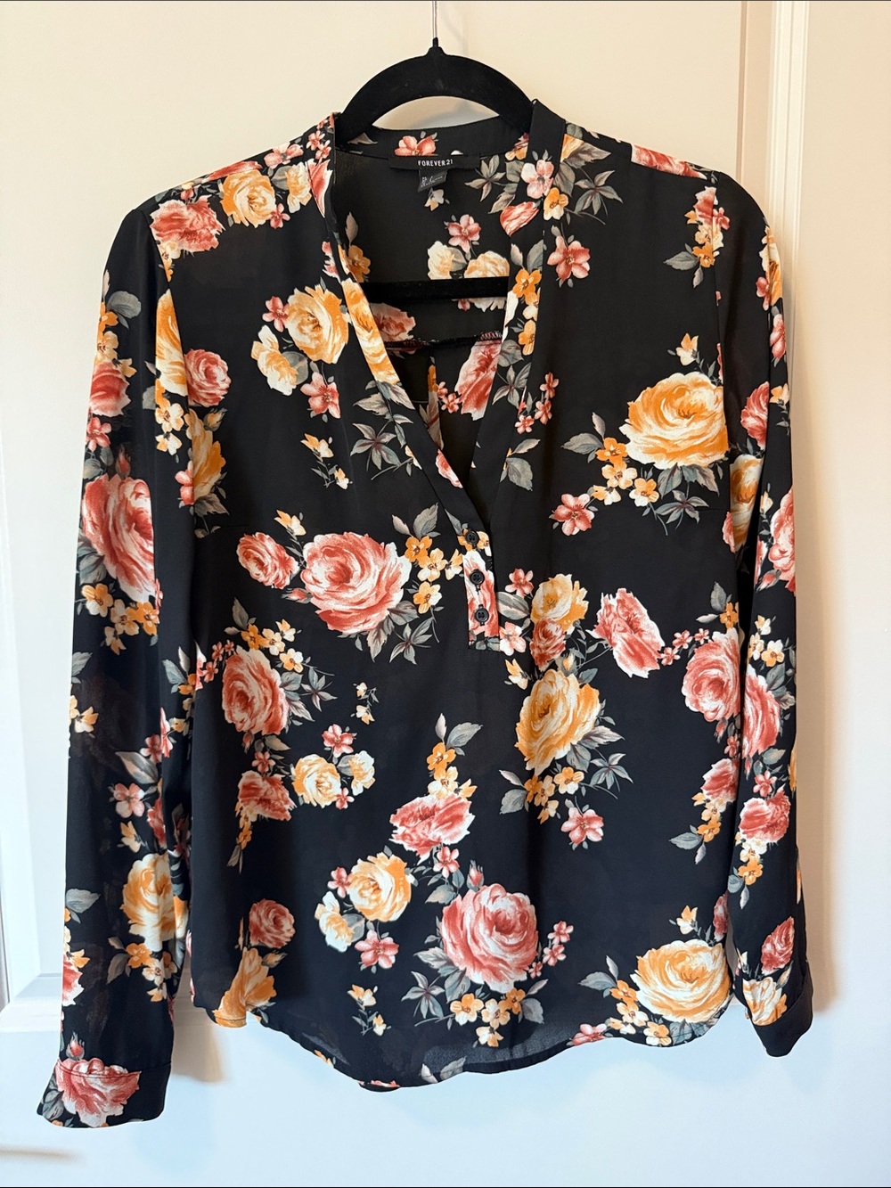 Forever 21 Black Floral V-Neck Blouse with Pink and Yellow Roses